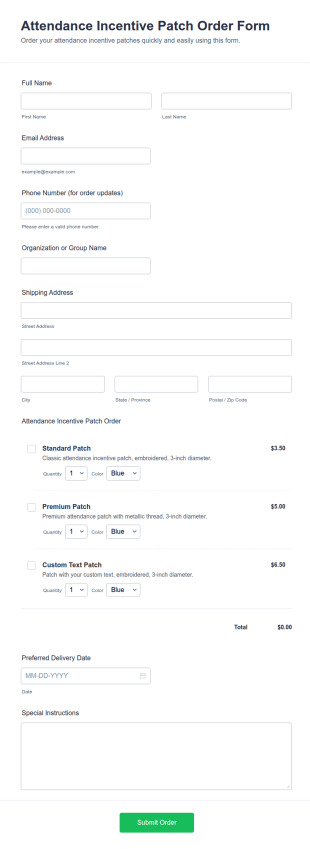 Attendance Incentive Patch Order Form Template