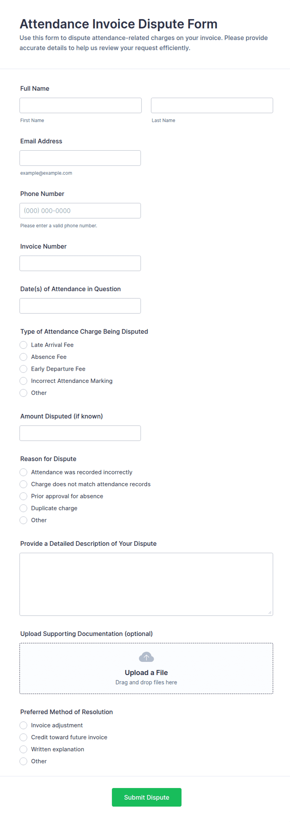 Attendance Invoice Dispute Form Template | Jotform