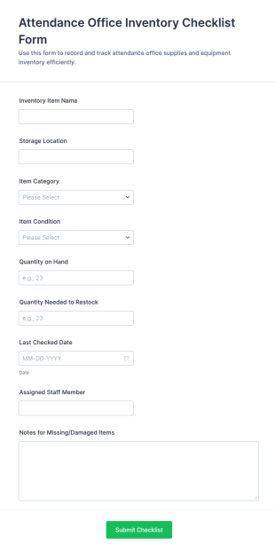 Attendance Office Inventory Checklist Form Template