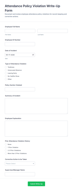 Attendance Policy Violation Write Up Form Template
