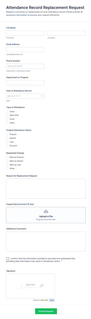 Attendance Record Replacement Request Form Template