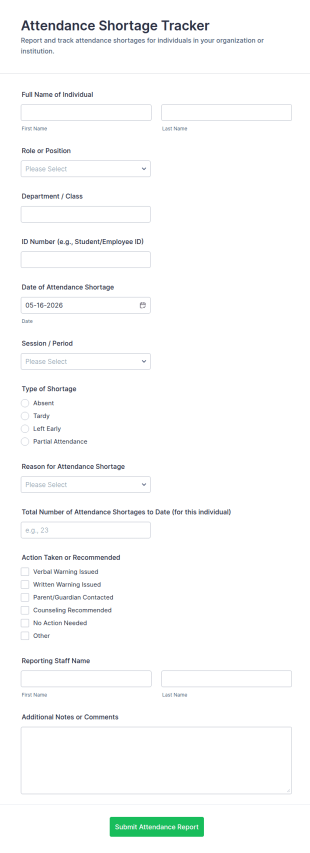 Attendance Shortage Tracker Form Template