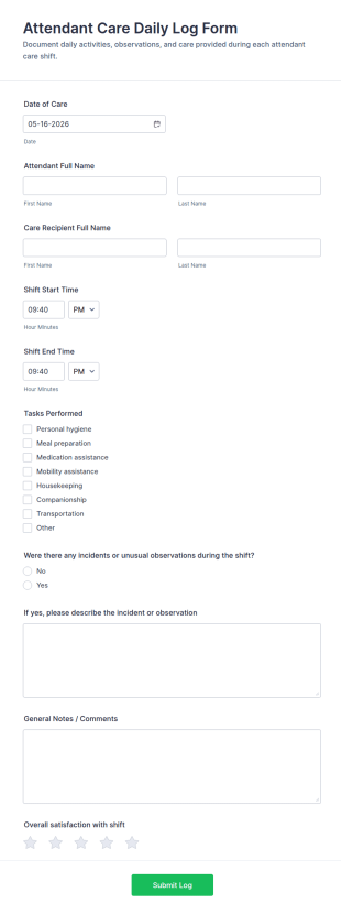 Attendant Care Daily Log Form Template