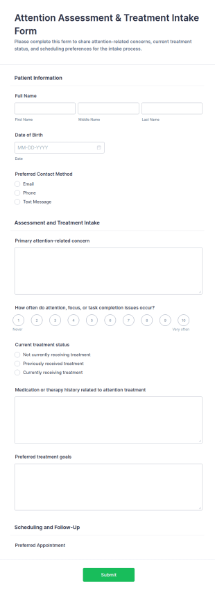 Attention Assessment & Treatment Intake Form Template