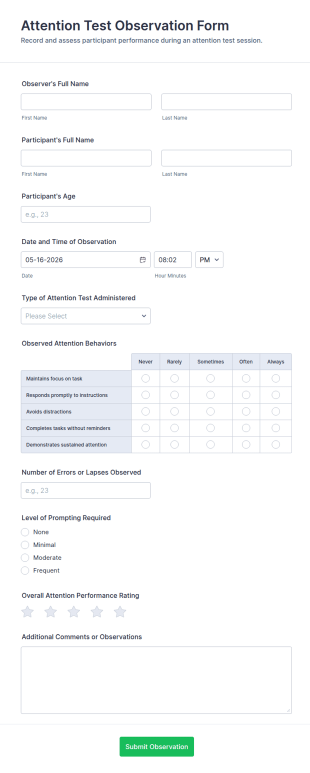 Attention Test Observation Form Template