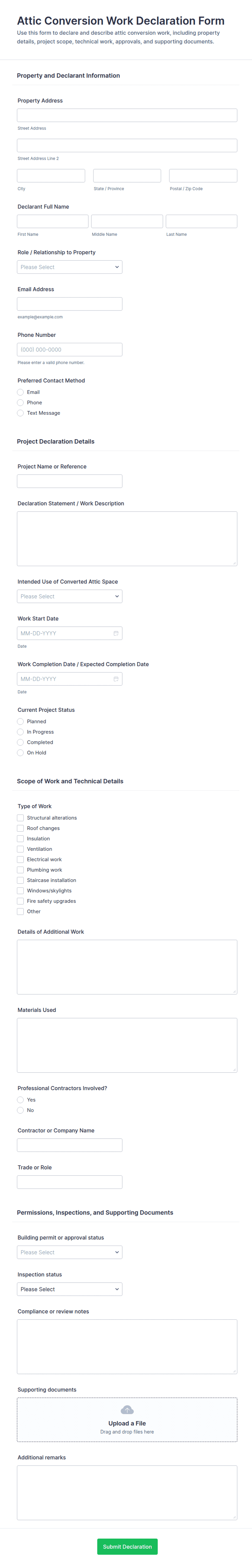 Attic Conversion Work Declaration Form Template | Jotform