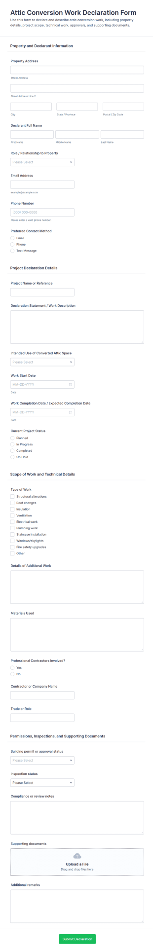 Attic Conversion Work Declaration Form Template