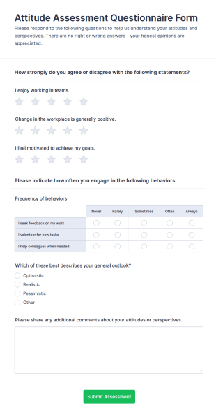 Attitude Assessment Questionnaire Form Template