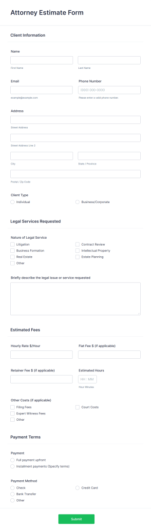 Attorney Estimate Form Template