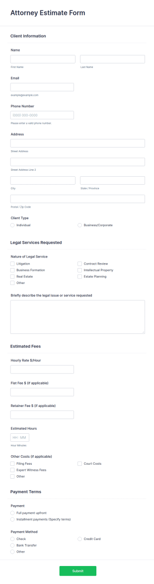 Attorney Estimate Form Template