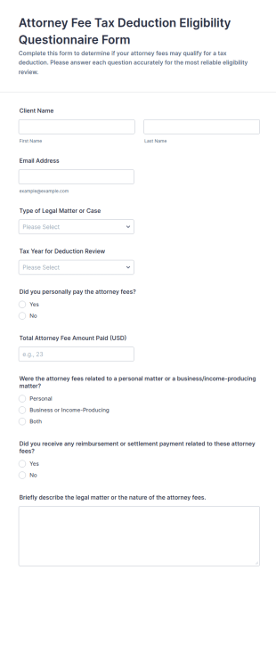 Attorney Fee Tax Deduction Eligibility Questionnaire Form Template