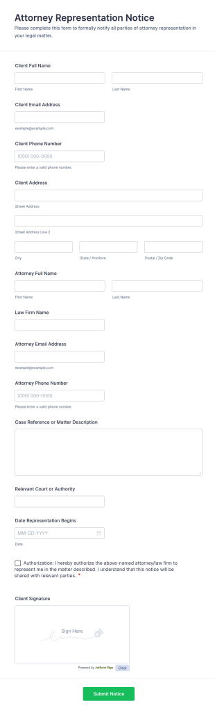 Attorney Representation Notice Form Template