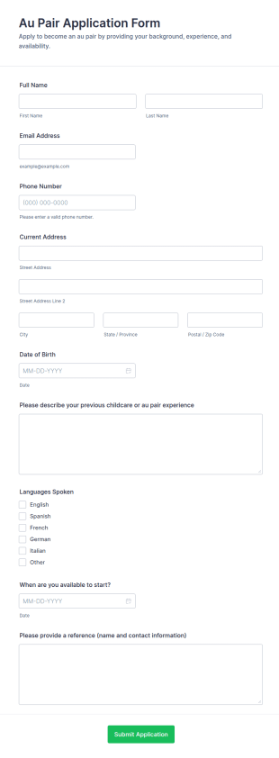 Au Pair Application Form Template