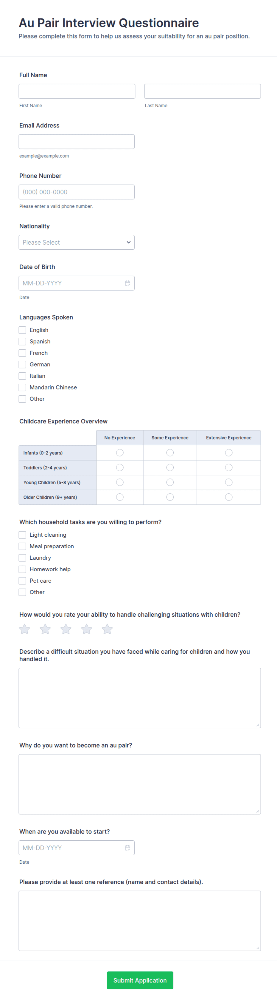 Au Pair Interview Questionnaire Form Template | Jotform