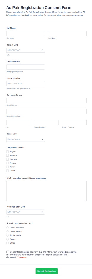 Au Pair Registration Consent Form Template