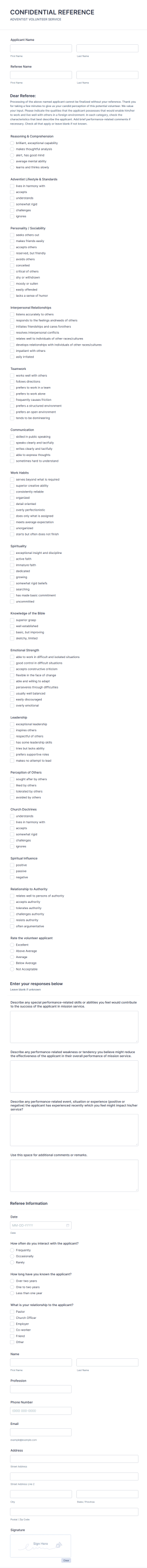 Confidential Volunteer Reference Form Template
