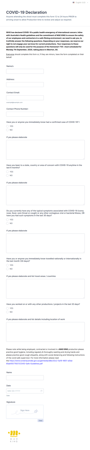 Film Crew COVID 19 Health Declaration Form Template