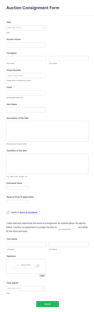 Auction Consignment Form Template