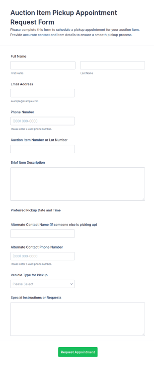 Auction Item Pickup Appointment Request Form Template