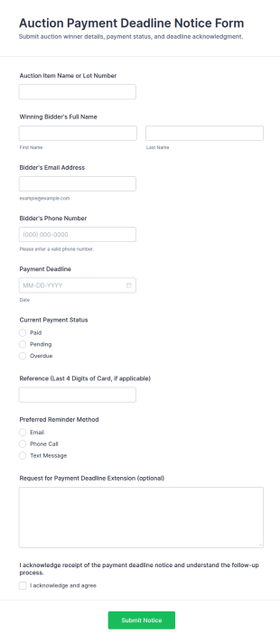 Auction Payment Deadline Notice Form Template