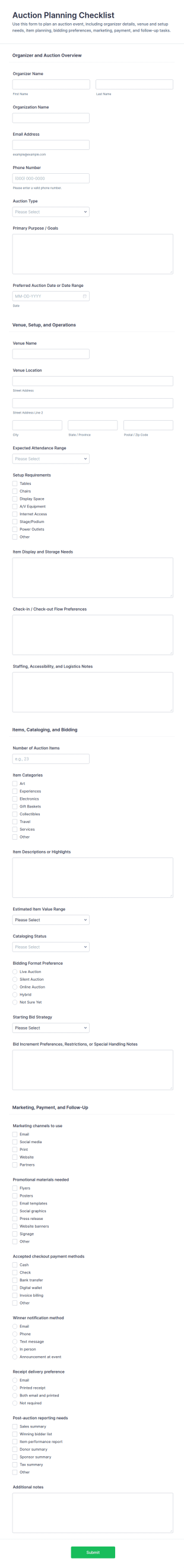Auction Planning Checklist Form Template