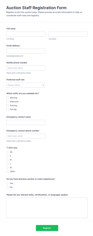 Auction Staff Registration Form Template