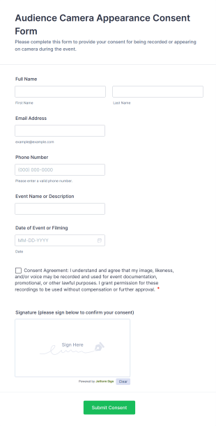 Audience Camera Appearance Consent Form Template