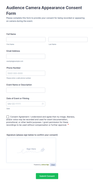 Audience Camera Appearance Consent Form Template