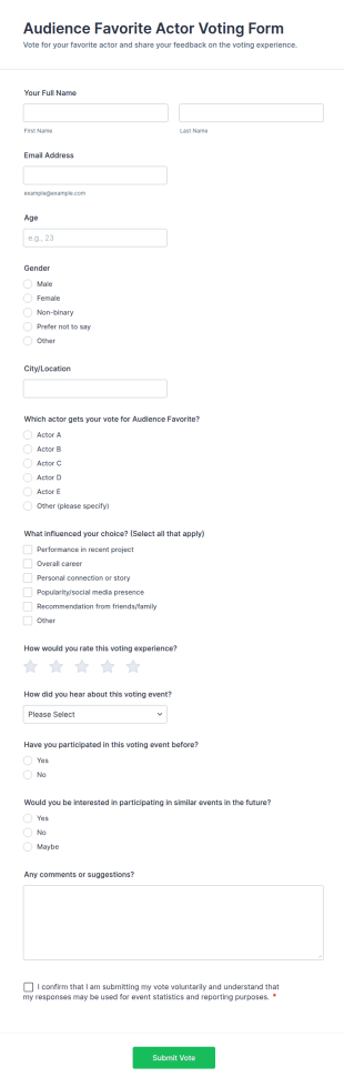Audience Favorite Actor Voting Form Template