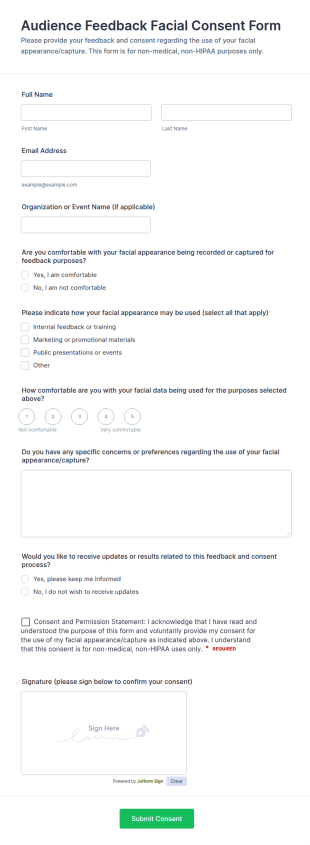 Audience Feedback Facial Consent Form Template