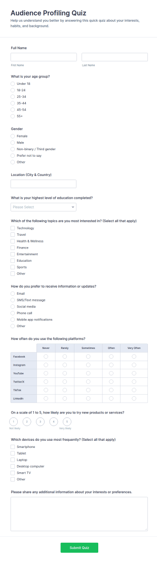 Audience Profiling Quiz Form Template