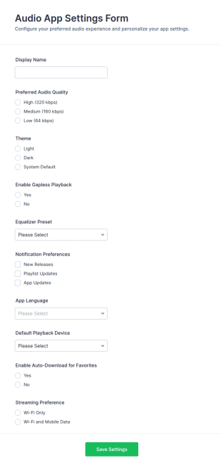 Audio App Settings Form Template