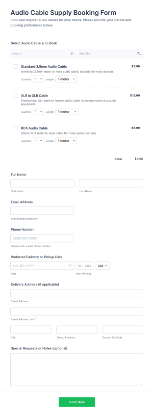 Audio Cable Supply Booking Form Template