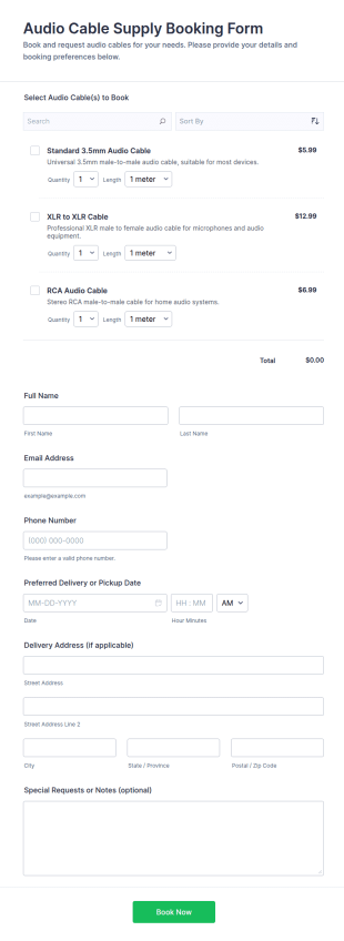 Audio Cable Supply Booking Form Template