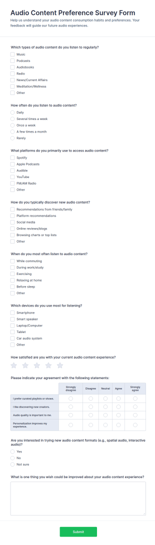 Audio Content Preference Survey Form Template