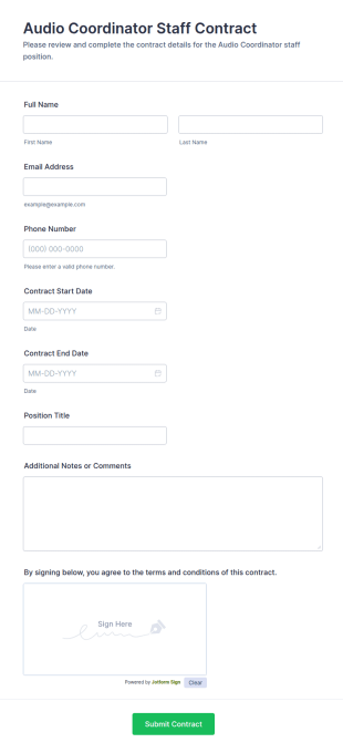 Audio Coordinator Staff Contract Form Template