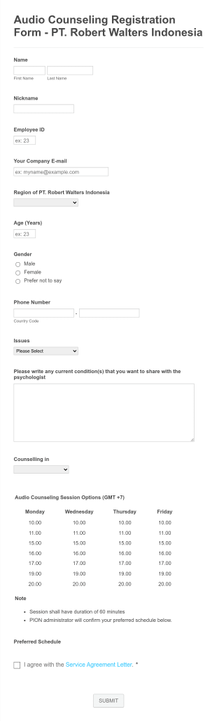 Audio Counseling Registration Form PT. Robert Walters Indonesia Form Template