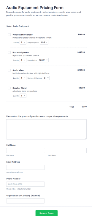Audio Equipment Pricing Form Template