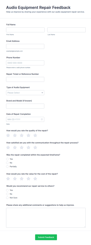 Audio Equipment Repair Feedback Form Template