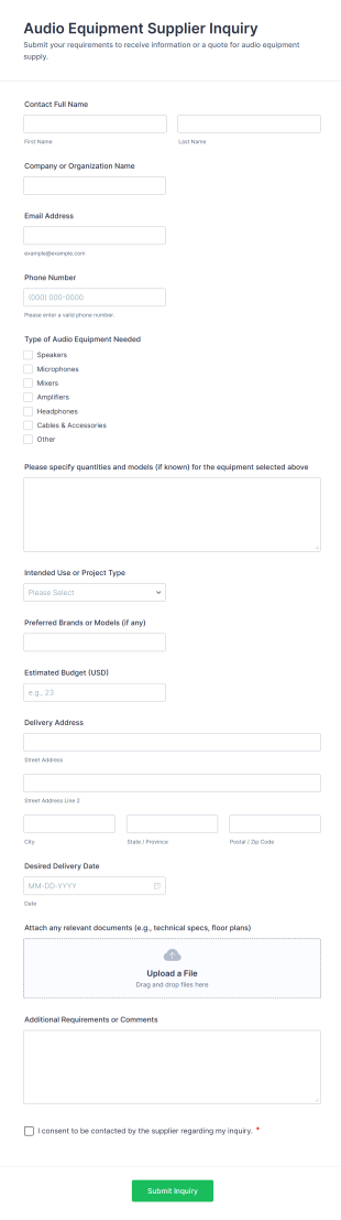Audio Equipment Supplier Inquiry Form Template