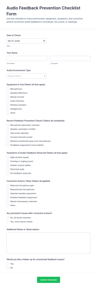 Audio Feedback Prevention Checklist Form Template