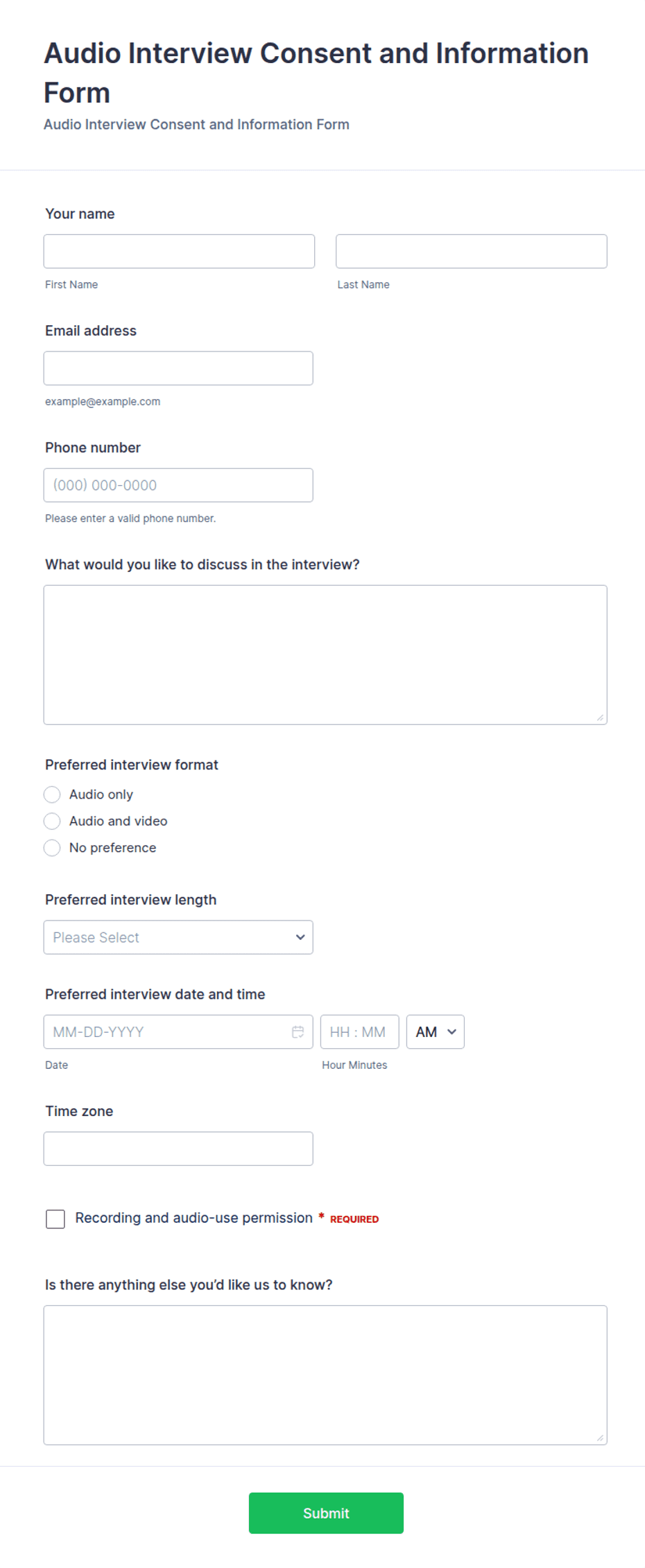 Audio Interview Consent and Information Form Template | Jotform