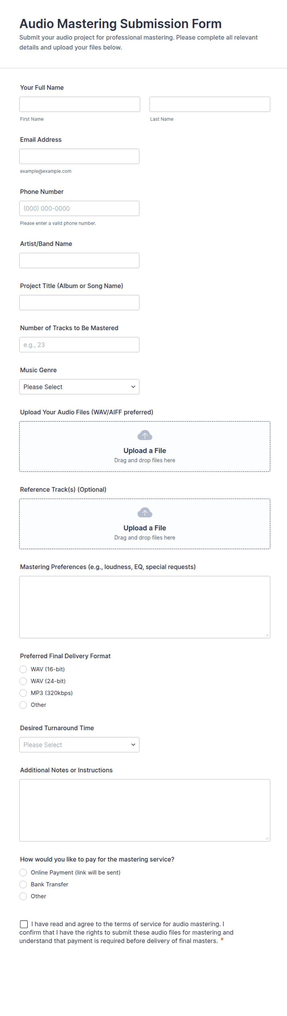 Audio Mastering Submission Form Template | Jotform
