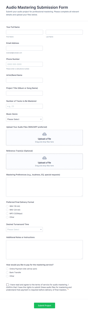 Audio Mastering Submission Form Template