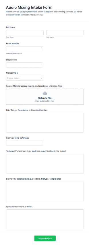 Audio Mixing Intake Form Template