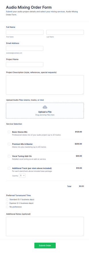 Audio Mixing Order Form Template