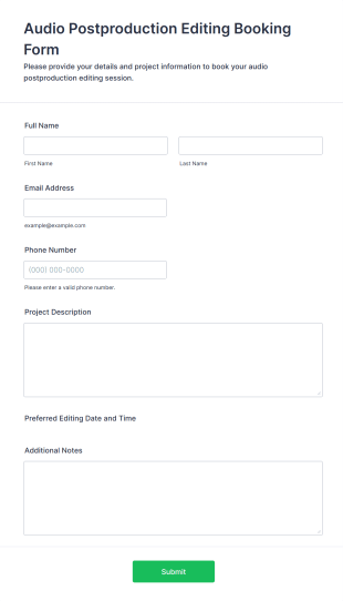 Audio Postproduction Editing Booking Form Template