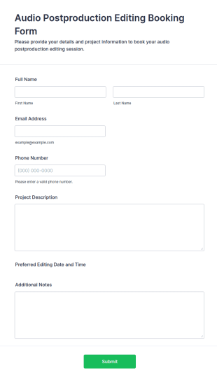 Audio Postproduction Editing Booking Form Template