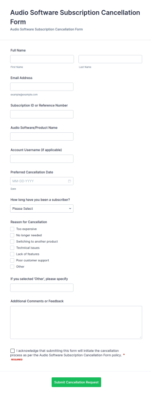 Audio Software Subscription Cancellation Form Template
