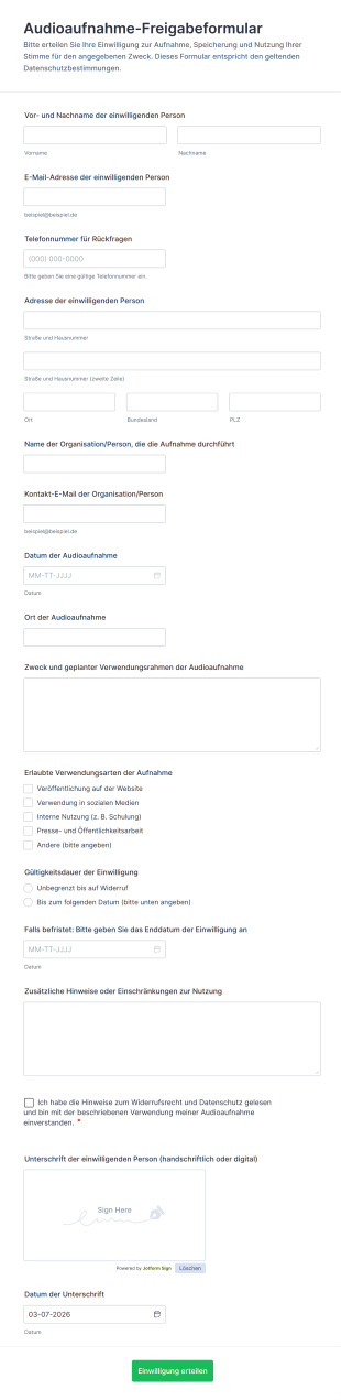 Audioaufnahme Freigabeformular